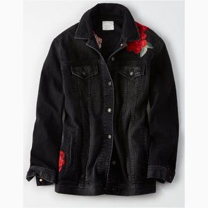 American Eagle Women's Embroidered Floral Long Denim Jean Jacket Black
